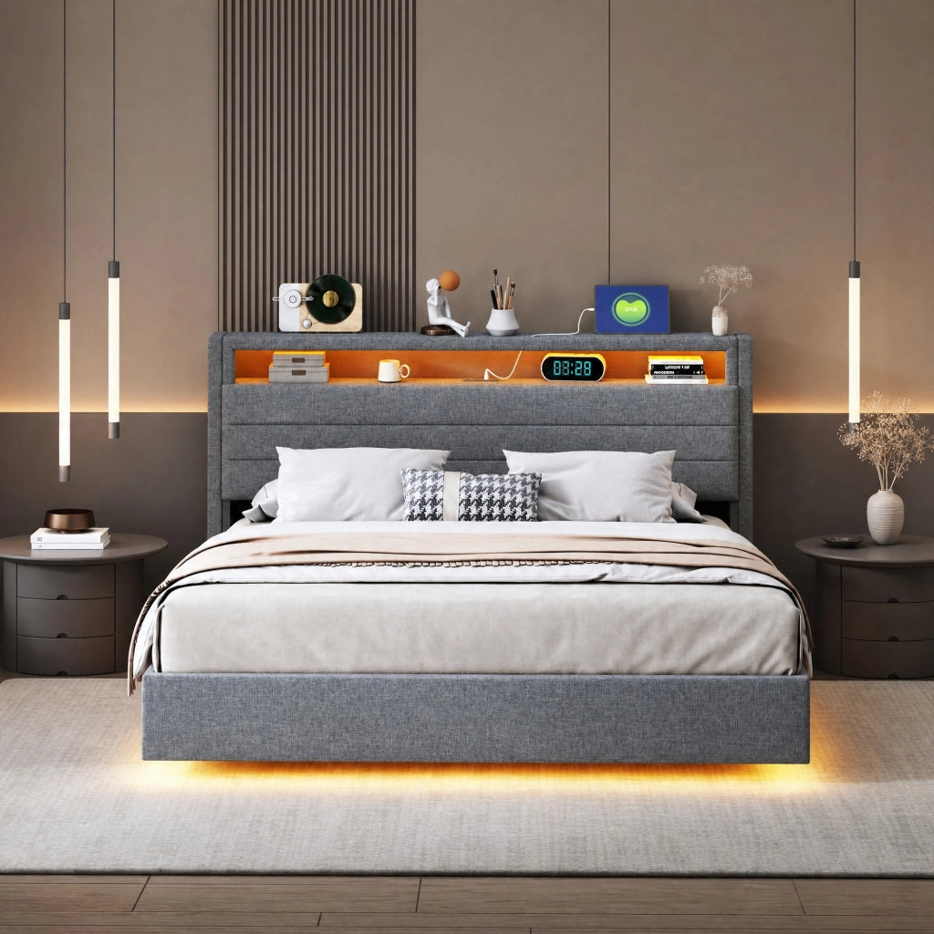 LETTO Imbottito Contenitore 140x200 cm Grigio con USB e LED