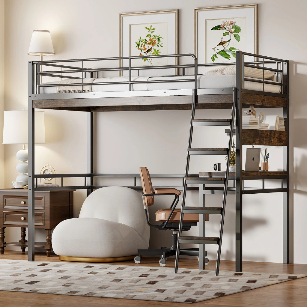 Letto a castello nero con scrivania e scaffali in metallo e mdf 90x200 cm