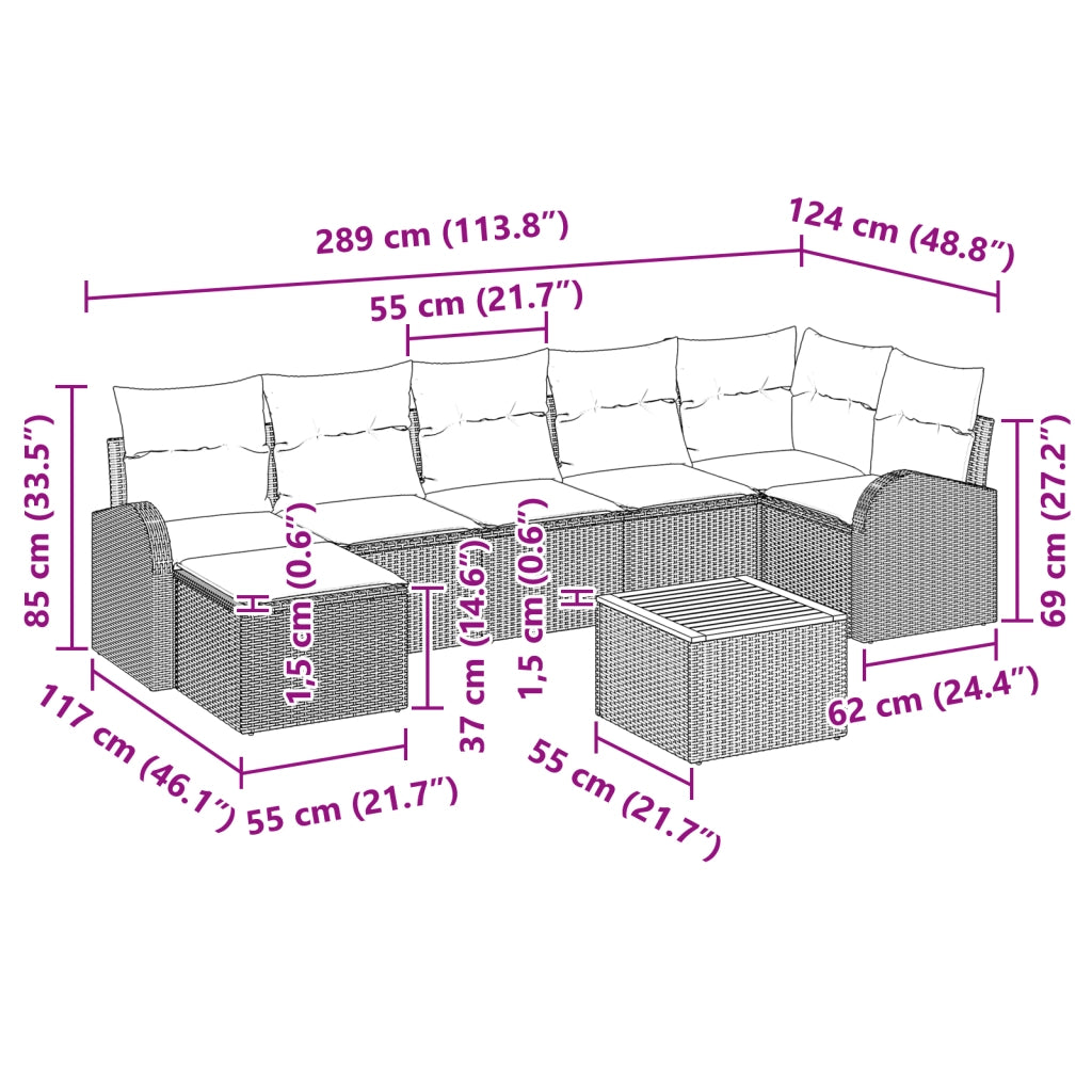Set da Giardino da 8 Pezzi con Cuscini Nero Polyrattan Acacia