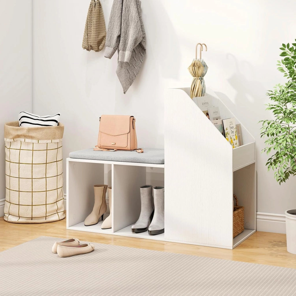 Panca Scarpiera con Cuscino Rimovibile e Scaffale 2 in 1, Scaffale Portaoggetti a 3 Cubi e 3 Ripiani per Libri, Panca per Scarpe da Ingresso e Soggiorno, 97 x 40 x 79 cm, Bianco
