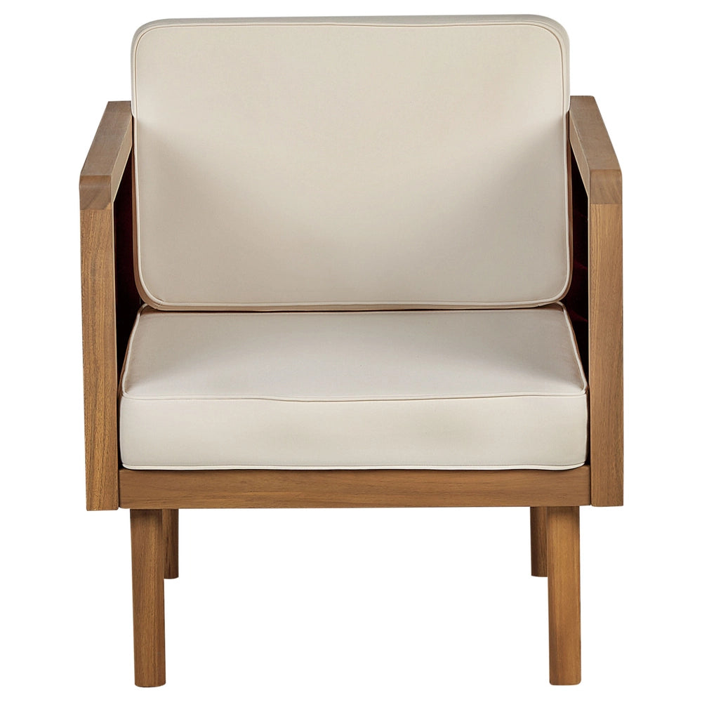 Poltrone da giardino in legno di acacia con tavolino cuscini schienale in poliestere beige chiaro interno esterno