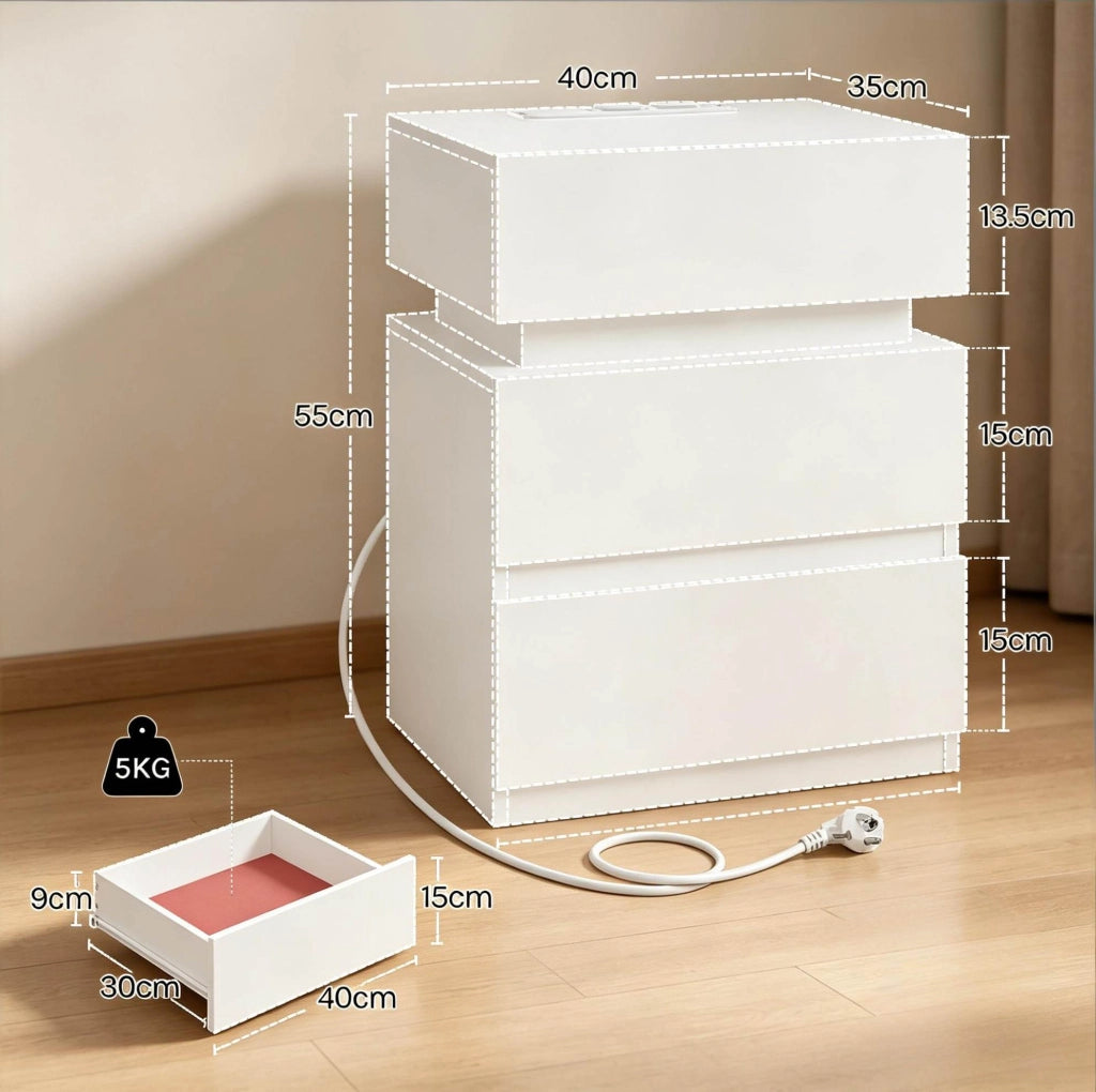 Set 2 comodini bianchi con LED, prese USB e 2 cassetti