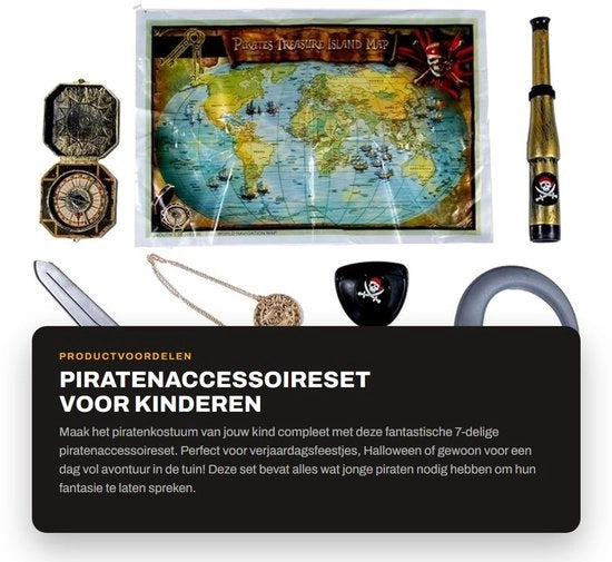 Set di accessori da pirata 7 pezzi - Pugnale - Bussola - Telescopio - Lente d'ingrandimento - Mappa del tesoro - Medaglione d'oro - Costume da pirata