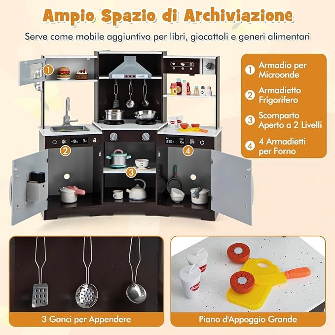 Cucina Giocattolo per Bambini, Cucina Legno per Bambini Con Forno, Microonde, Macchina del Ghiaccio, Macchina per Caffè, Lavello e Rubinetto, Con Suoni e Luci, per Bambini 3+ Anni (Marrone)