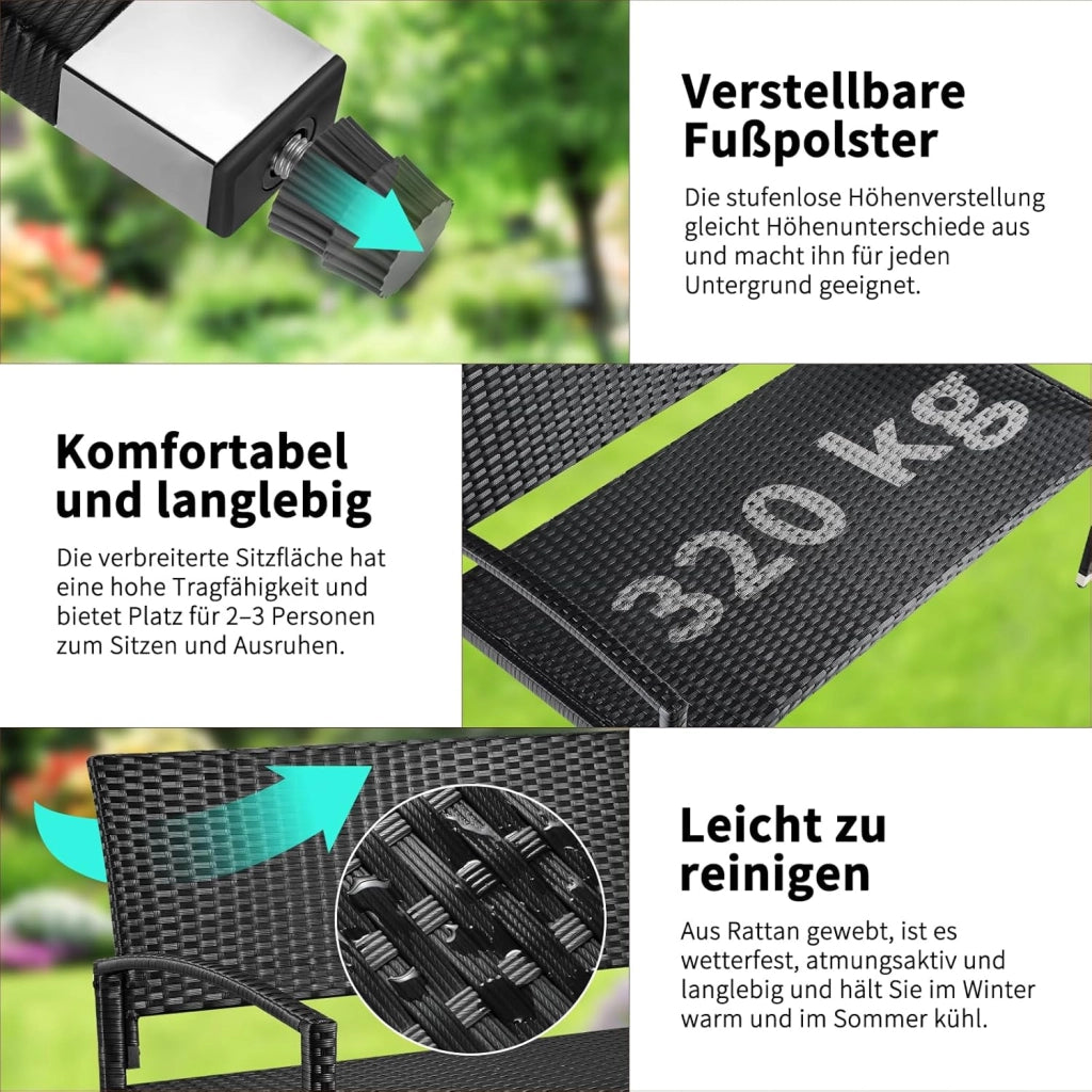 Panca da Giardino in Rattan, Panca da Balcone a 2 Posti, Resistente Alle Intemperie, Bifacciale in Rattan, Sedia da Giardino per Esterno, Terrazze e Balcone, 122x62x90 cm, Nero