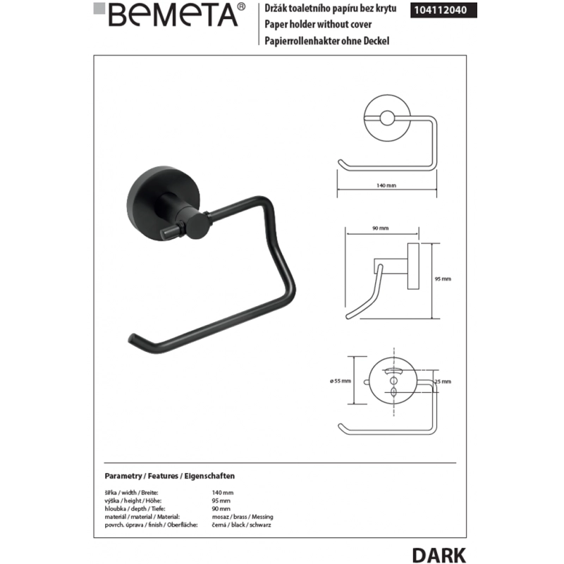 Dispenser carta igienica DARK in ottone nero senza coperchio. 14x9,5x9cm