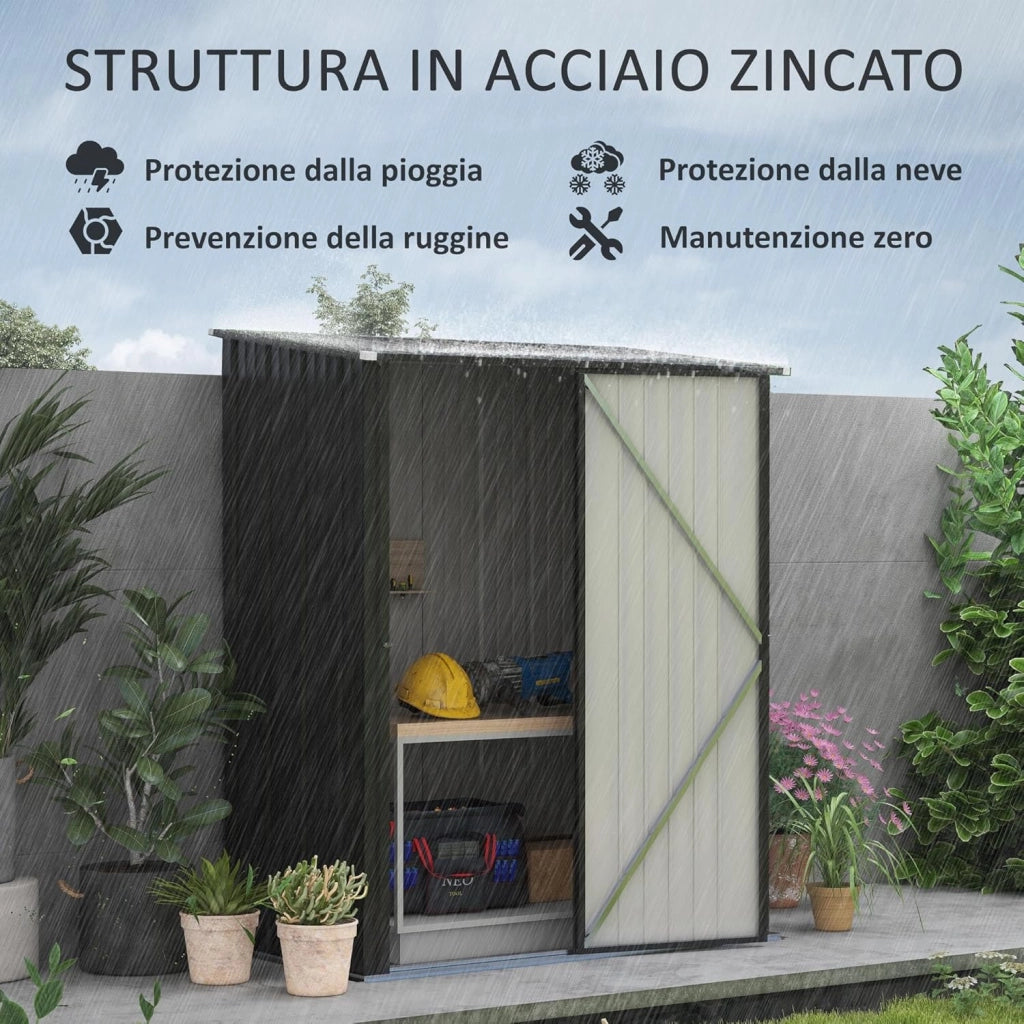 Casetta da Giardino 1.34m² in Acciaio Zincato, Capanno da Giardino con Tetto Inclinato, Guanti e Porta Bloccabile, Capanno Porta Attrezzi, 161.5x94.5x196cm, Nero