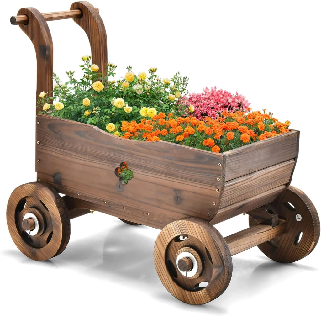 Fioriera da Esterno in Legno a Forma di Carrello, Carriola Portafiori con 4 Ruote, Maniglia e Foro di Drenaggio, Carrello Decorativo da Interno ed Esterno, per Patio, Giardino e Balcone