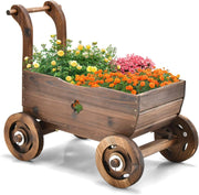 Fioriera da Esterno in Legno a Forma di Carrello, Carriola Portafiori con 4 Ruote, Maniglia e Foro di Drenaggio, Carrello Decorativo da Interno ed Esterno, per Patio, Giardino e Balcone