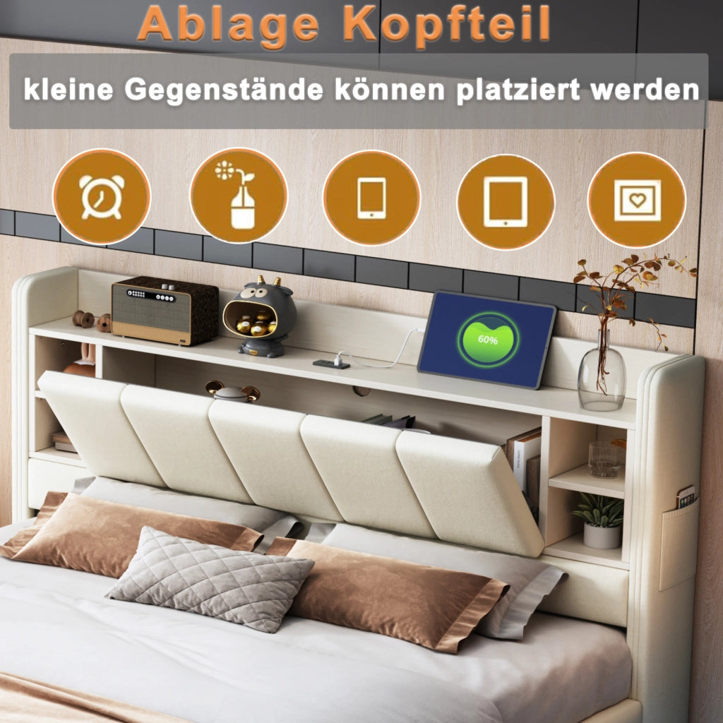 Letto matrimoniale imbottito 160x200 cm con LED; presa USB; contenitore e ripiani; beige