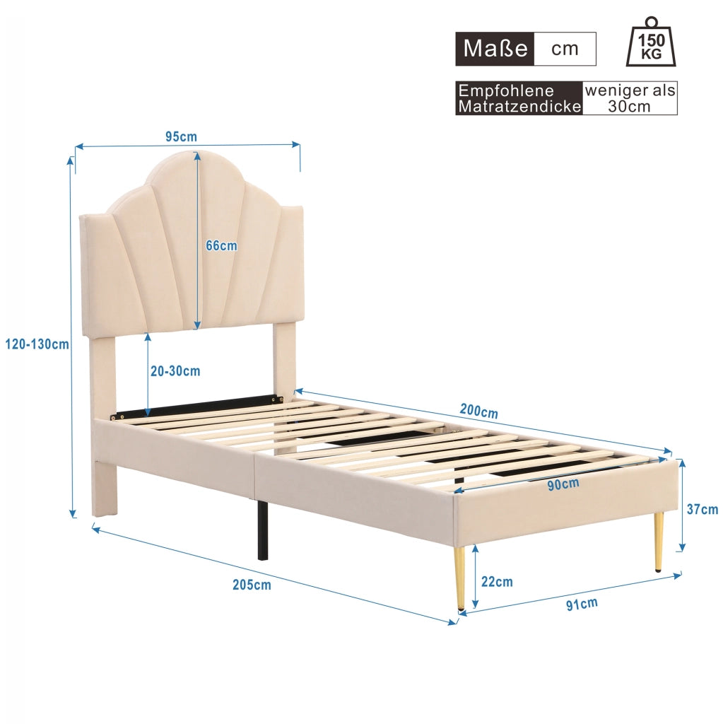 Letto imbottito matrimoniale 90x200 cm in velluto beige con testiera regolabile e rete a doghe