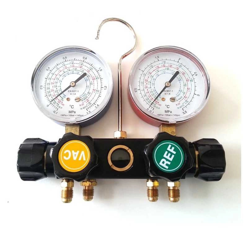 GRUPPO MANOMETRO DOPPIO FREON R22 R134A R404A R407C ATTACCO 1/4 4 VIE - UNIVERSALE