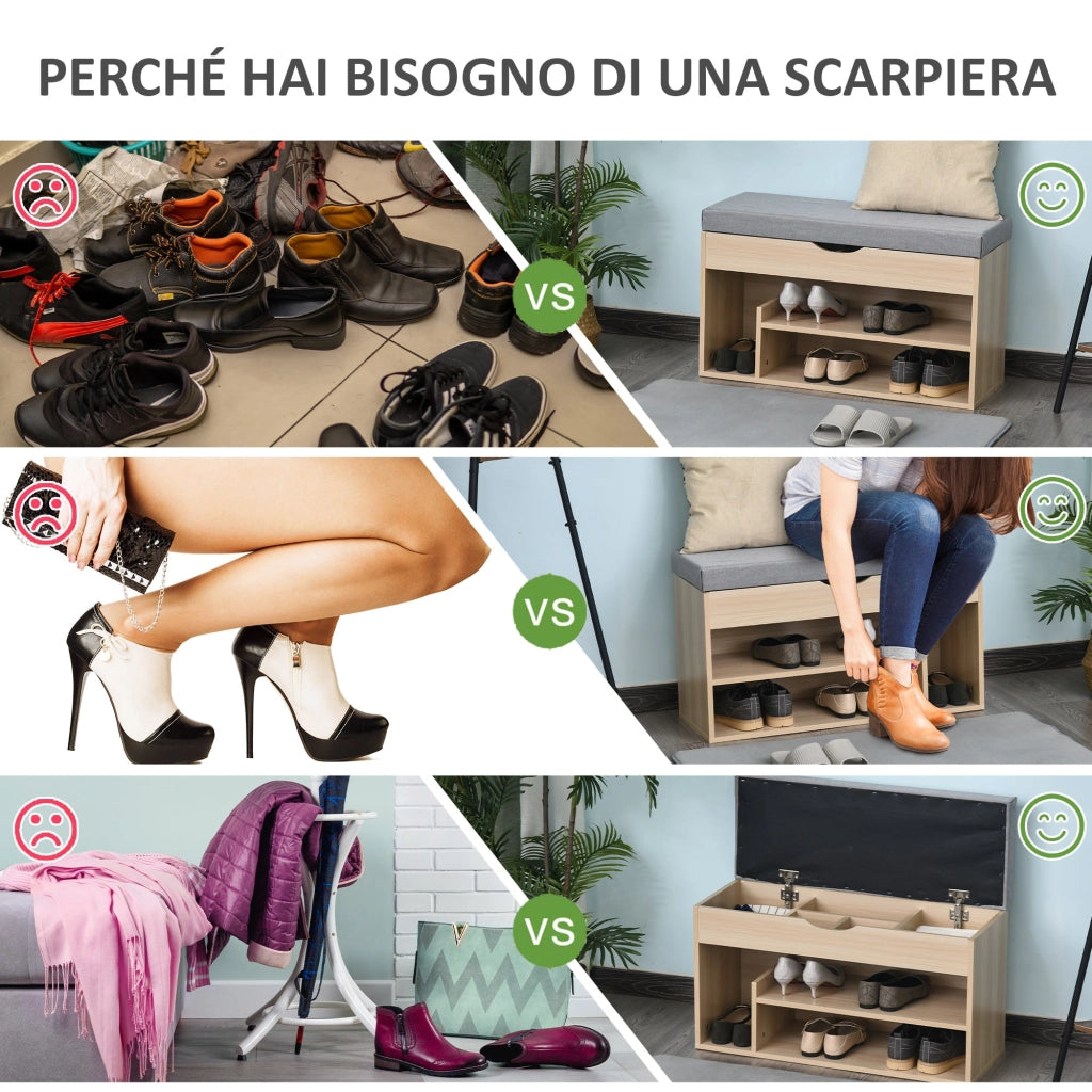 Panca Scarpiera 2 Ripiani in MDF con Cuscino 80x30x48 cm  Grigio e Rovere