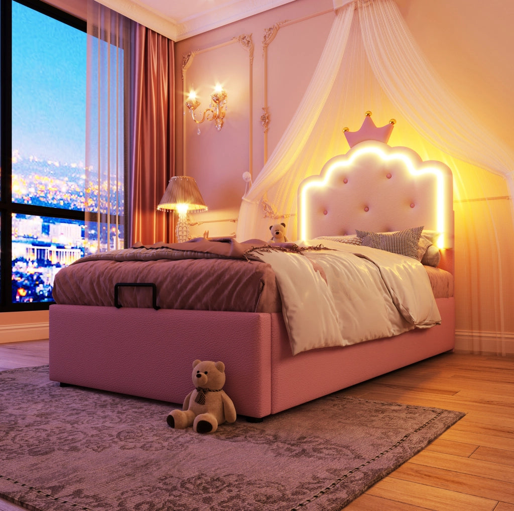 Letto imbottito per bambini rosa 90x200 cm con LED, vano idraulico e rete