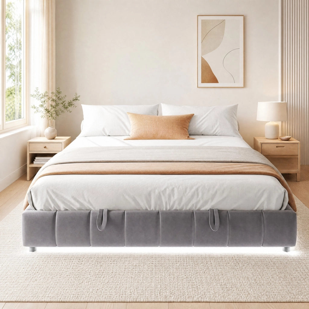 Letto imbottito 180x200 cm con contenitore, LED bianco integrato, struttura idraulica e senza testiera, grigio