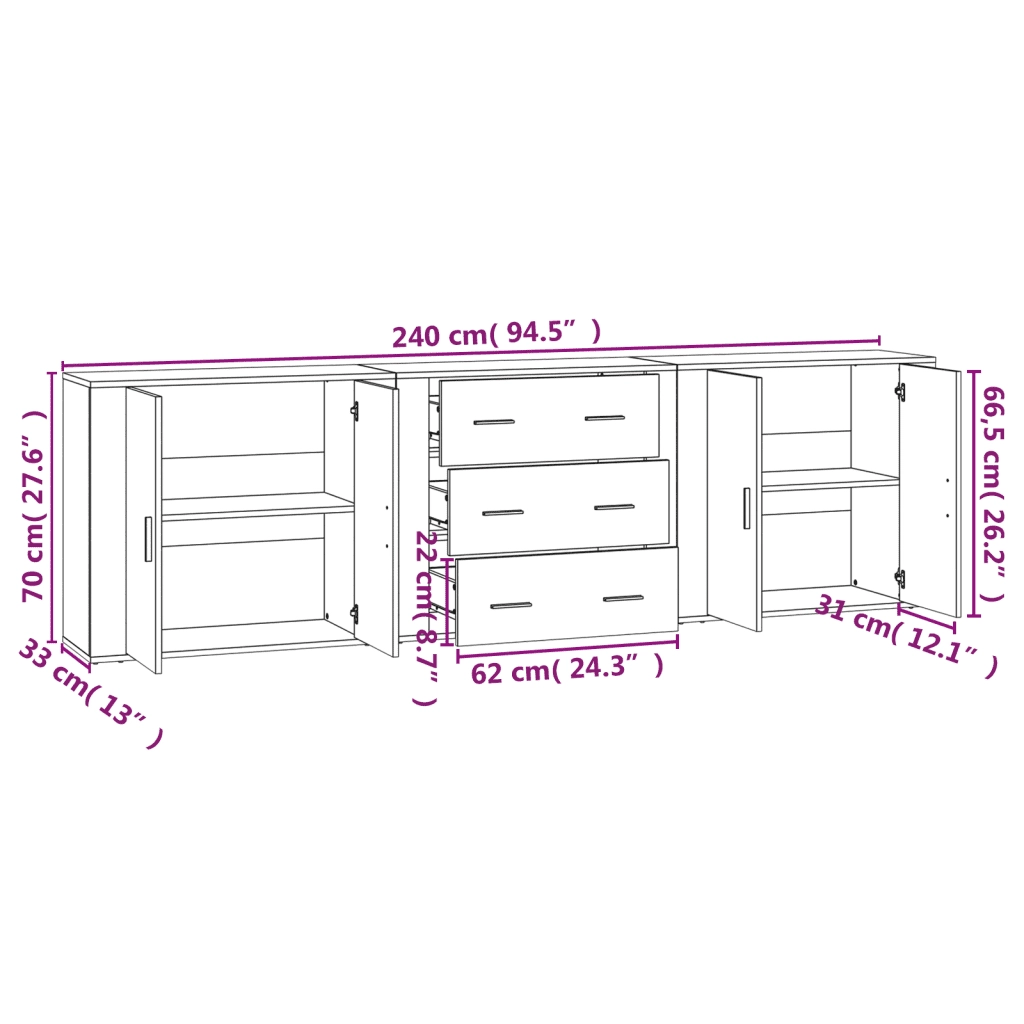 Credenze 3 pz | Madia | Buffet da pranzo | Armadio da pranzo Rovere Sonoma in Legno Multistrato