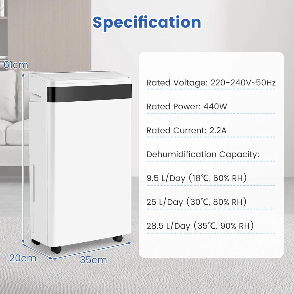 Deumidificatore Elettrico Silenzioso 25L/Giorno, con Indicatore di Umidità, 4 Modalità, 2 Metodi di Scarico, Serbatoio dell'Acqua da 5,5L, Timer 0-24 Ore, per Soggiorno, Camera, Ufficio