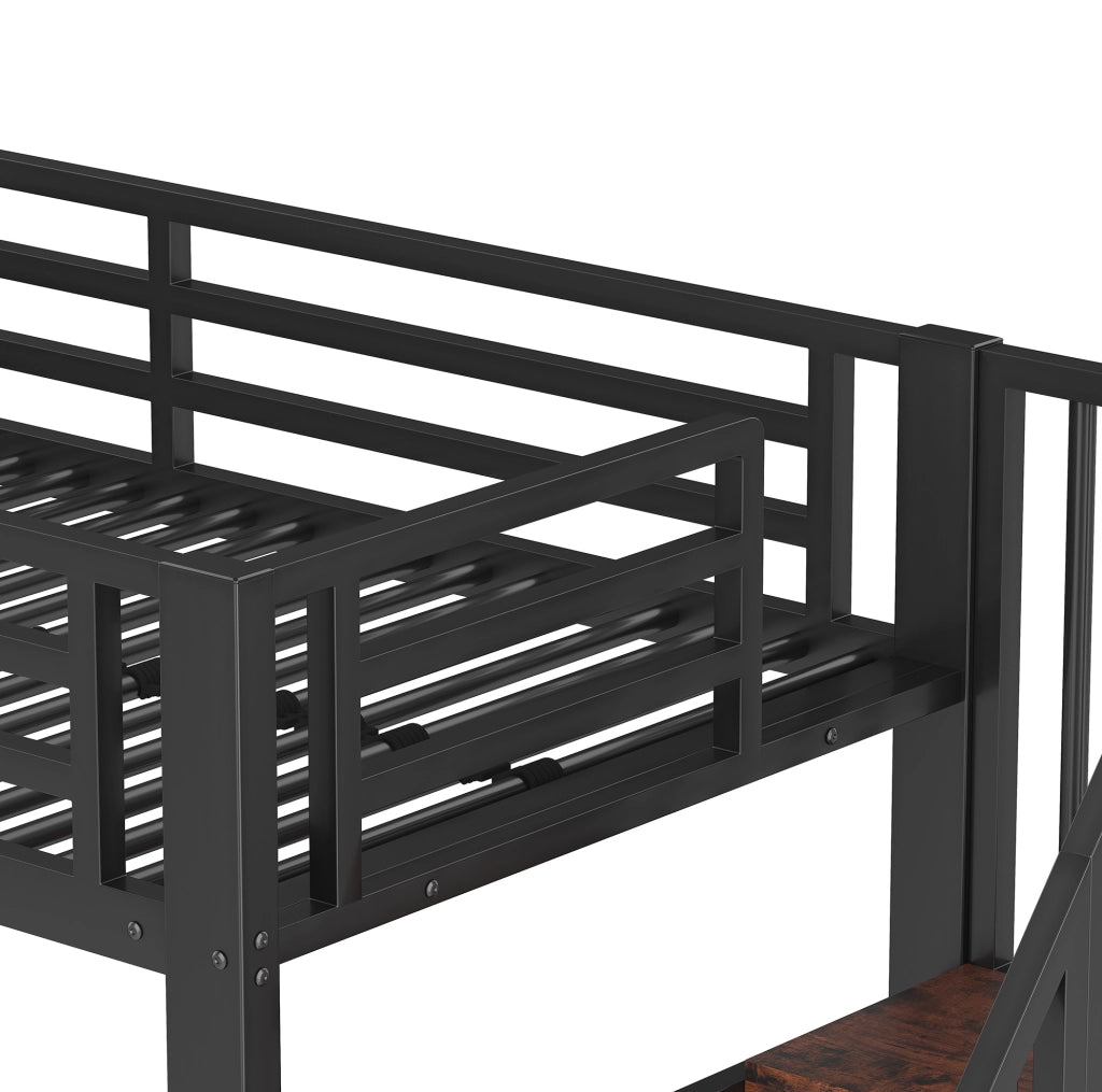 Letto a soppalco ULEVR 90x200 cm con LED multicolore, scaffali e scala contenitore, metallo e MDF nero