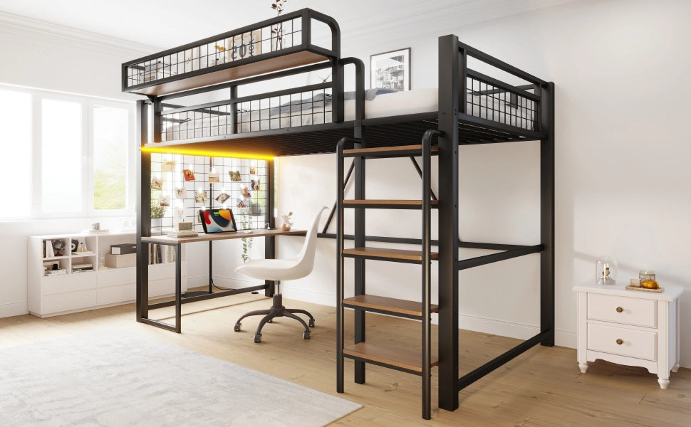 Letto a soppalco 90 × 200 cm con scrivania, rete portaoggetti, LED e presa, senza materasso, in metallo, nero