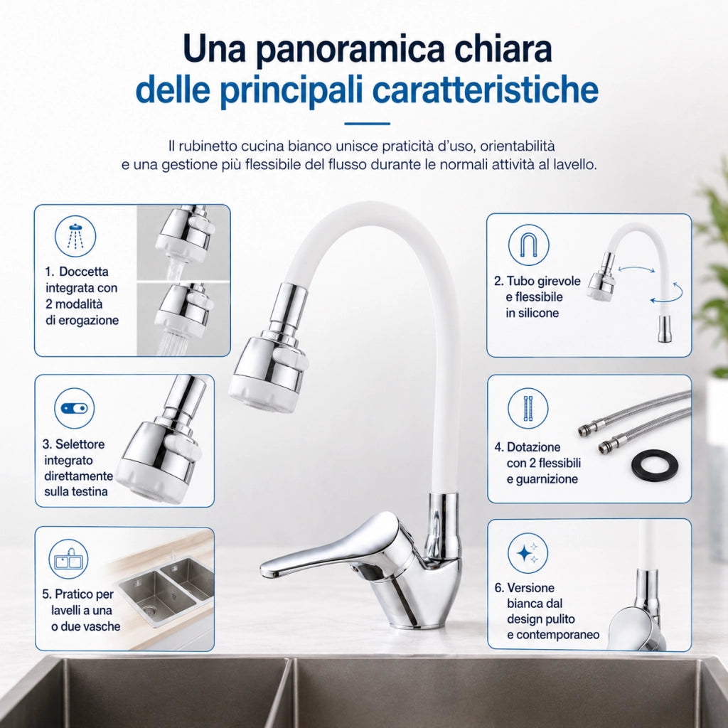 Rubinetto Cucina Doccetta 2 Getti Tubo Girevole Flessibile Silicone  Bianco