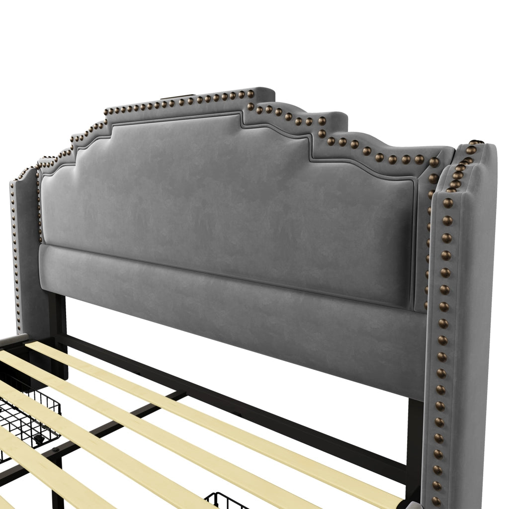Letto imbottito 140x200 cm grigio con 4 cassetti, LED, USB e USB-C