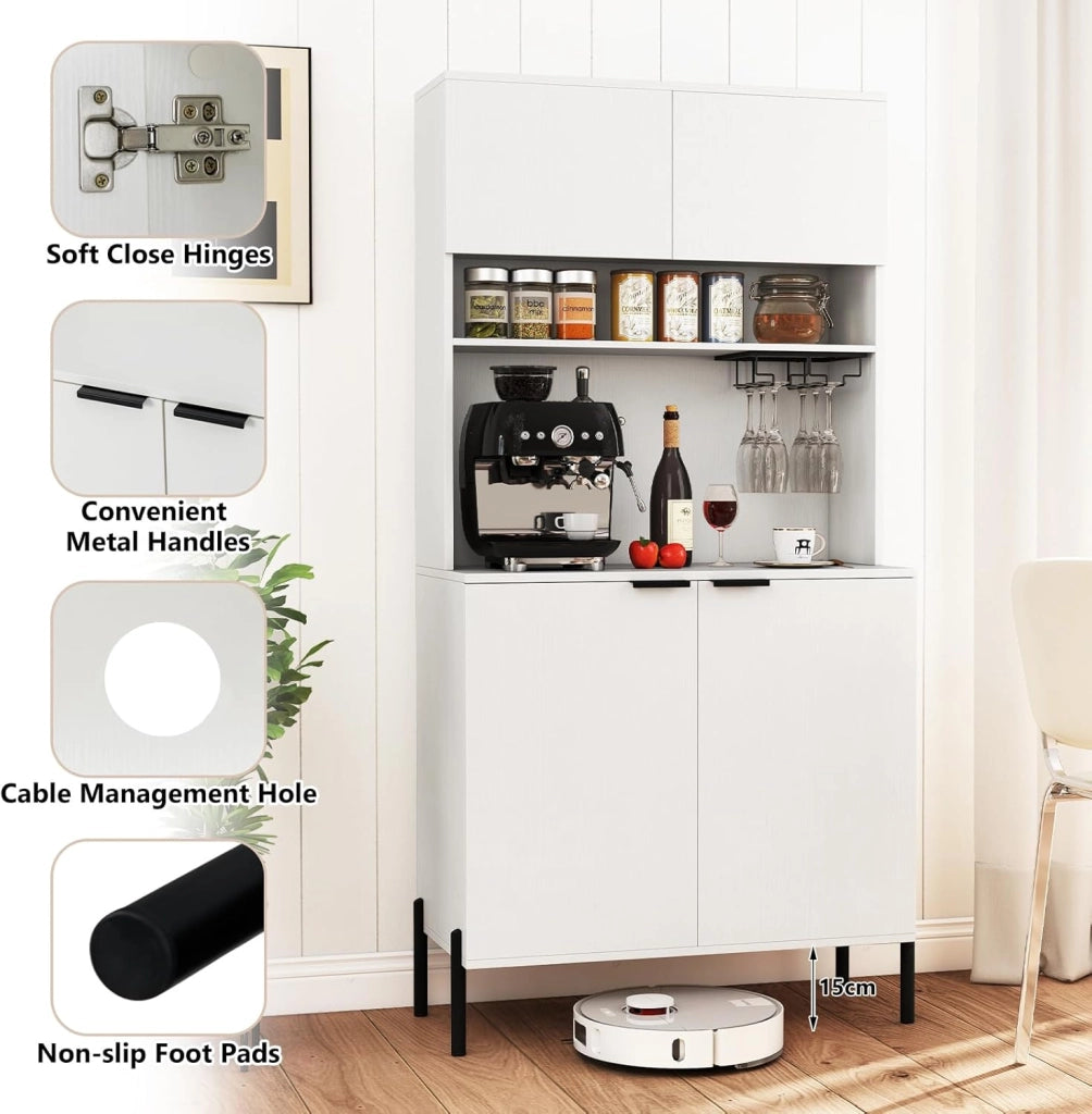 Armadio da cucina con piano di lavoro, armadietto a buffet con stazione di ricarica, buffet da cucina con porta bicchieri da vino e scaffale regolabile, multiuso, 80 x 40 x 164 cm