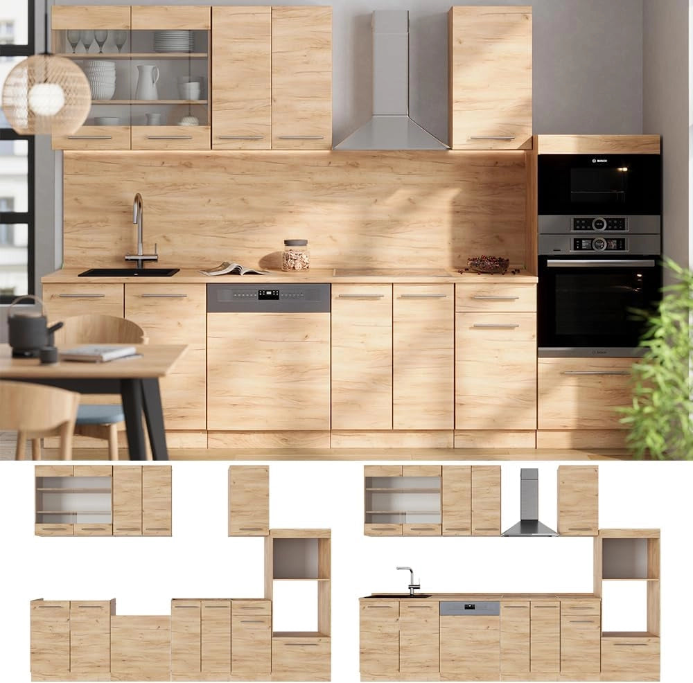 Cucina componibile Fame-Line, Quercia dorata, 300 cm con armadio alto, senza piano di lavoro, per l'espansione personalizzata tramite moduli aggiuntivi compatibili