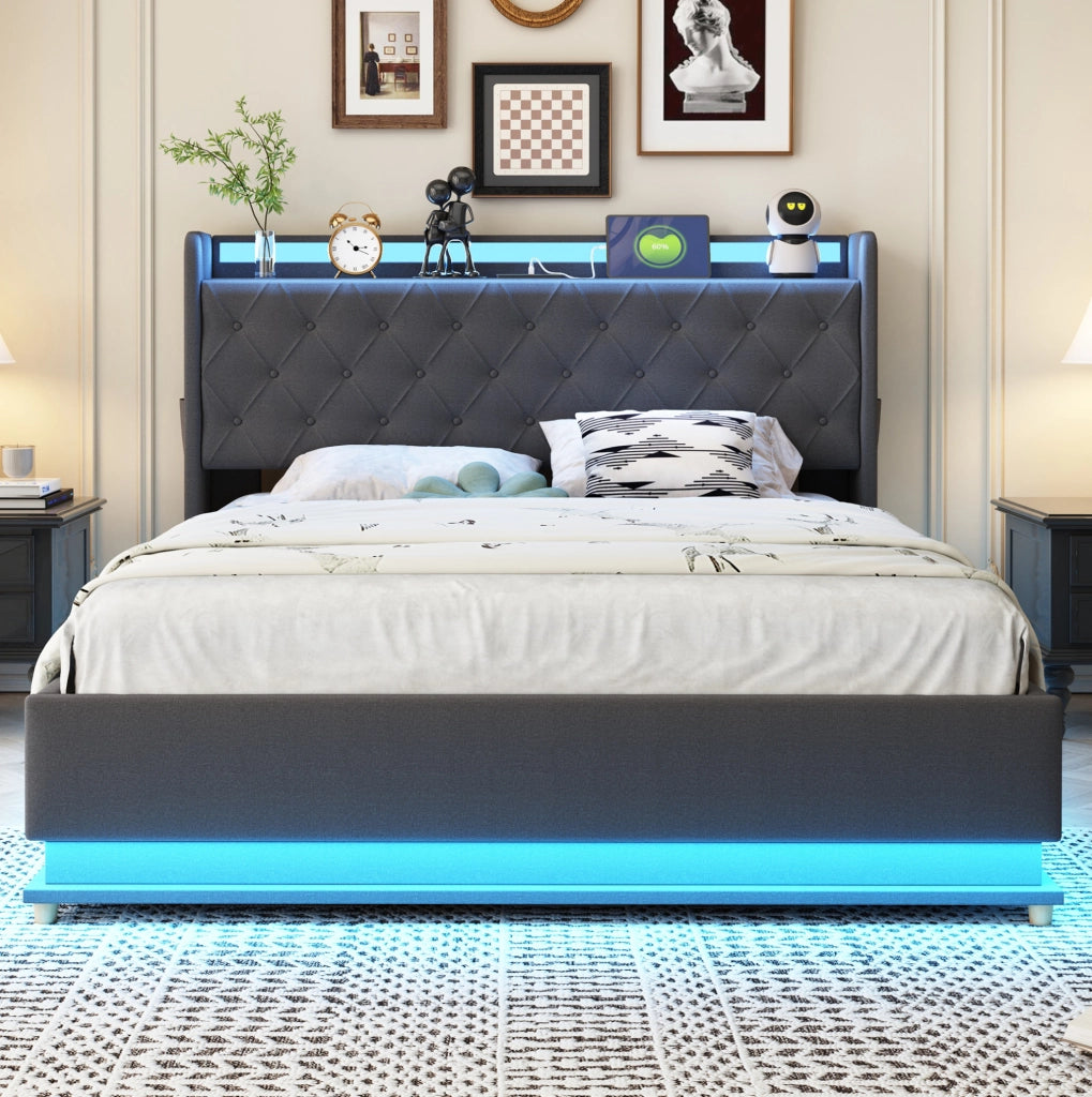 Letto imbottito con LED; USB e contenitore idraulico 140x200 cm in tessuto effetto lino grigio