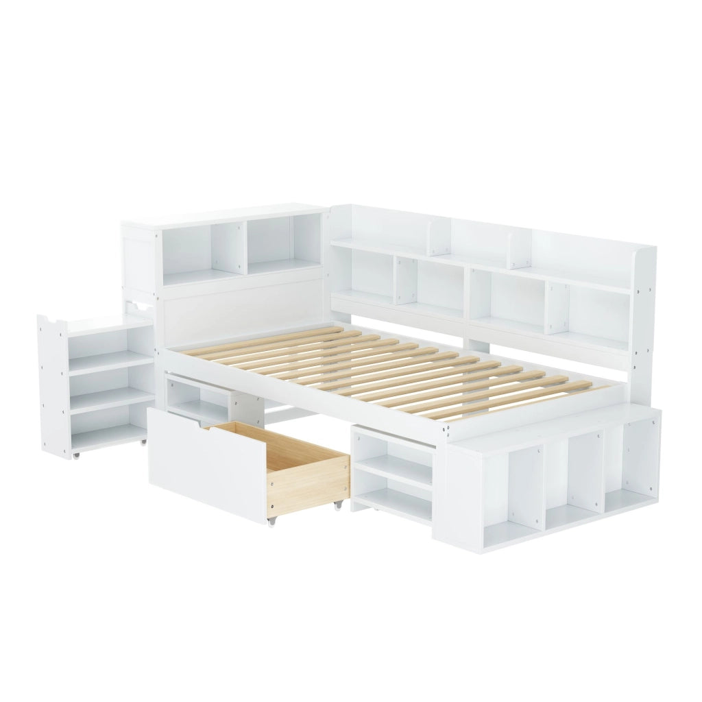 Letto Singolo 90x200 cm Contenitore; Cassetti; Mensole e Armadi in Compensato Bianco