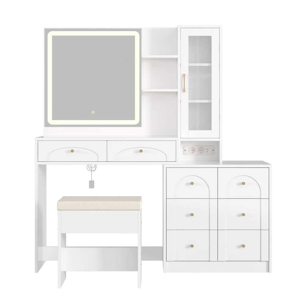 Tavolo da Trucco con Specchio LED, 8 Cassetti e Sgabello ¨C Xylo ¨C Bianco, Vetro, 131.5x40x140 cm