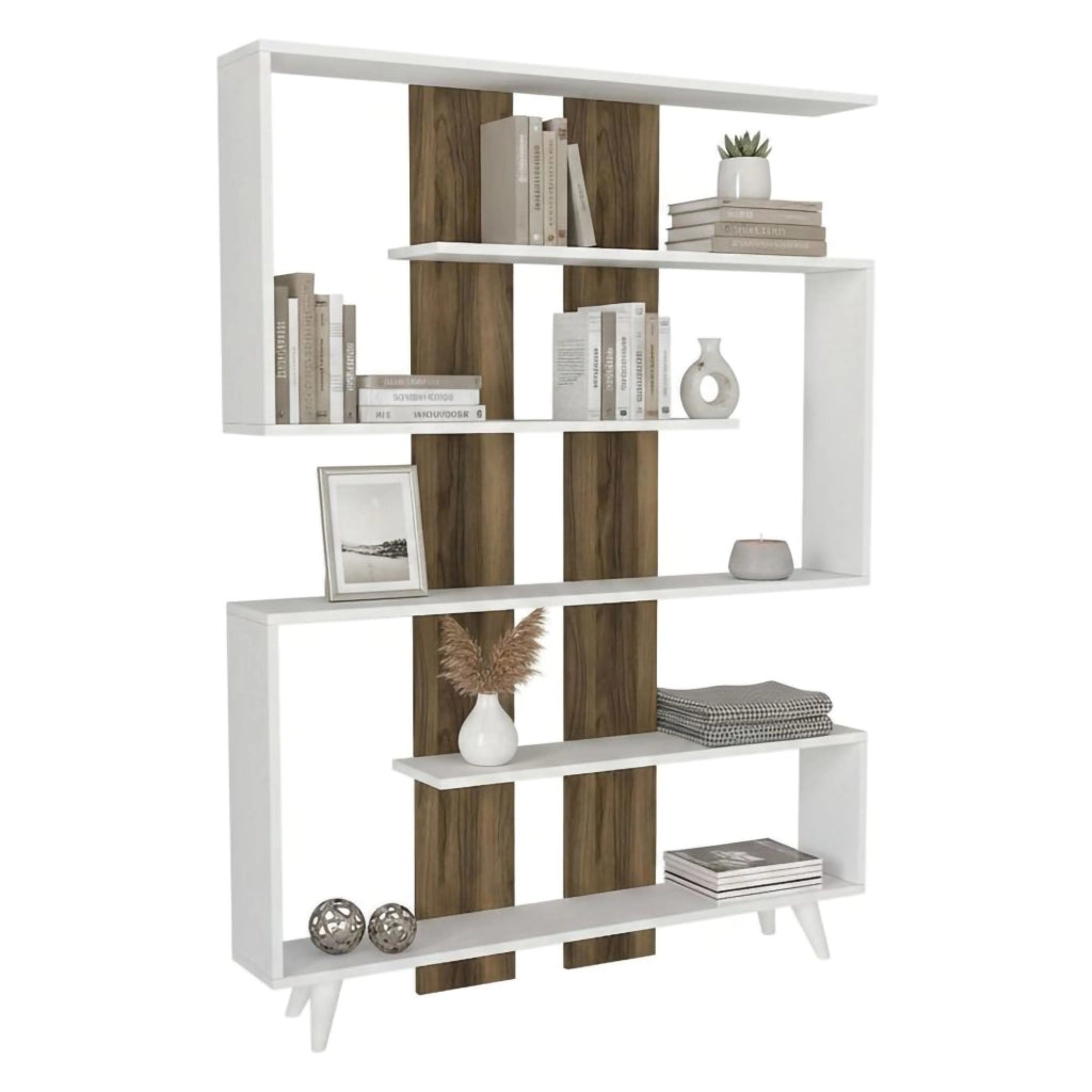 Libreria Spodumene, Scaffale da ufficio, Mobile portalibri, Biblioteca, 120x20h162 cm, Bianco e Noce