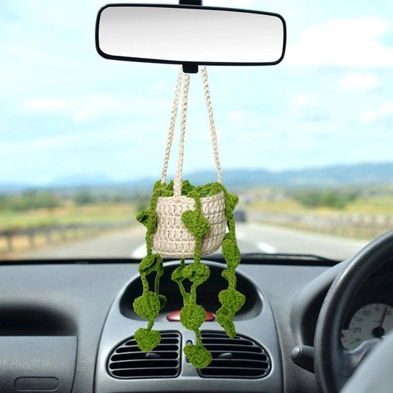 Hanger per piante - decorazione per auto con pianta - accessori per specchiera auto - ornamento per retrovisore - hanger per piante boho handcraft (verde scuro)