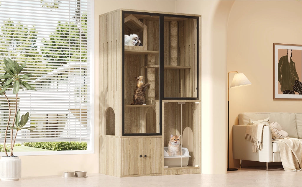 Recinto per gatti a 4 livelli in MDF e vetro temperato, 90 x 50 x 160 cm, colore naturale