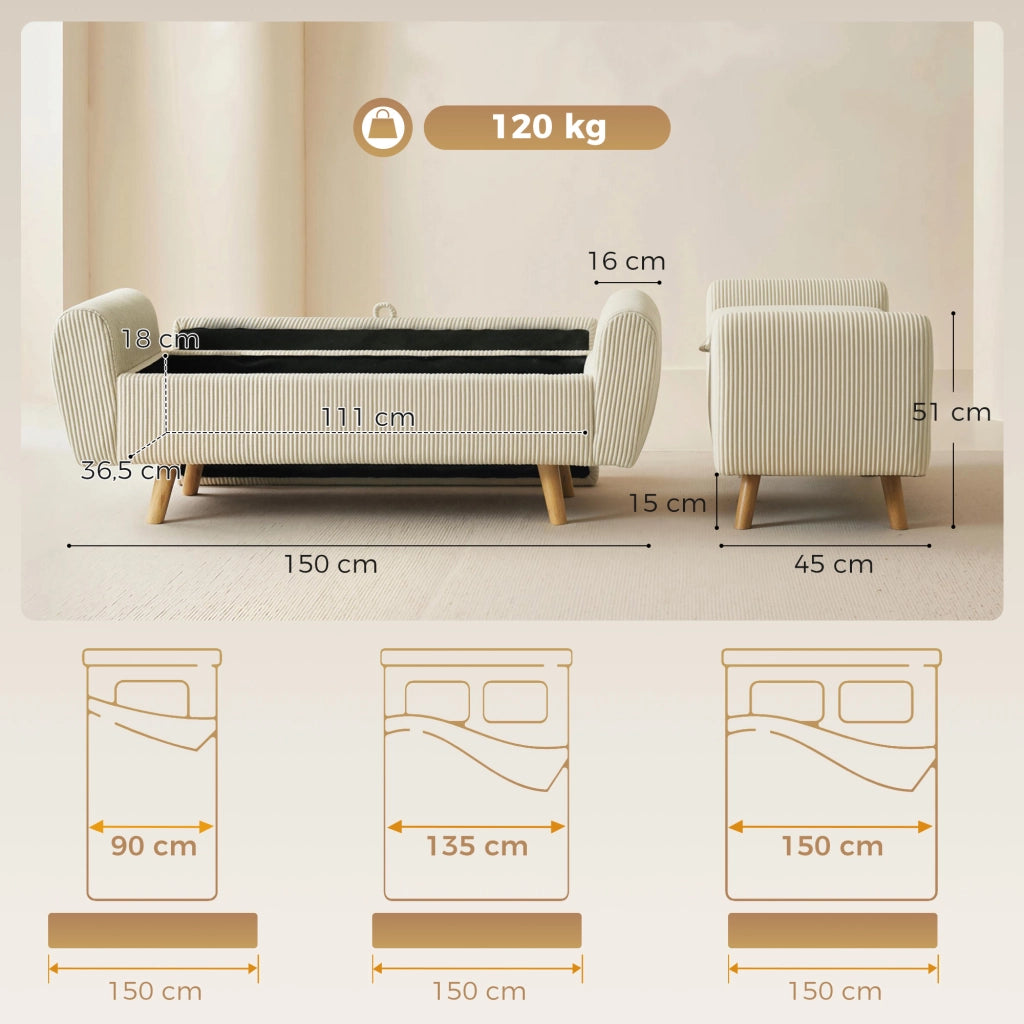 Panca contenitore imbottita 73L ¨C Xylo ¨C velluto a coste beige con braccioli legno