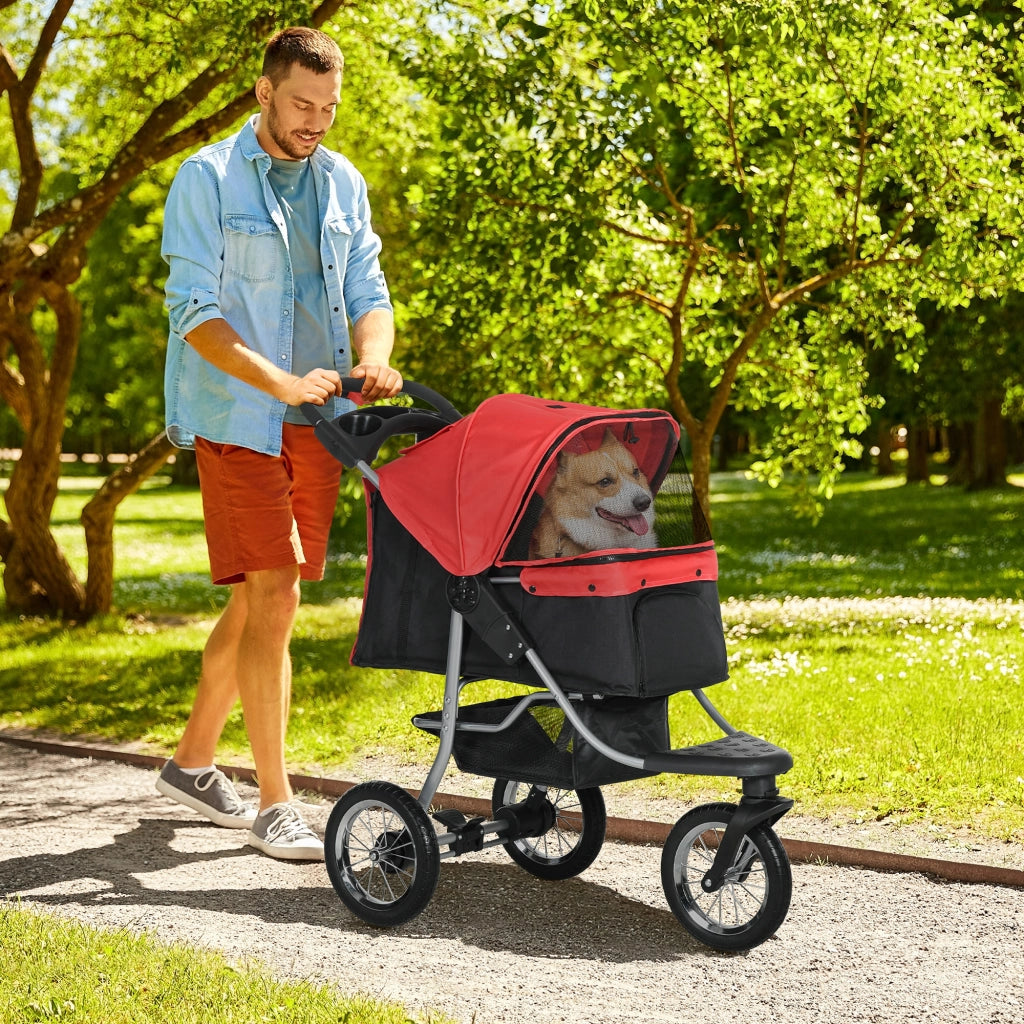 Carrello pieghevole per animali con 3 ruote, reti con zip, telo 600D Oxford, rosso