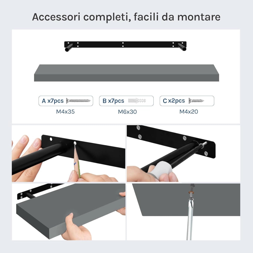Mensola da Muro, Set di 2, Scaffale Sospeso da Parete Libreria Piccola per Soggiorno Cameretta Porta CD DVD, Pannello MDF 100x22,9x3,8cm, Grigio Lucido, RG9482gr-2