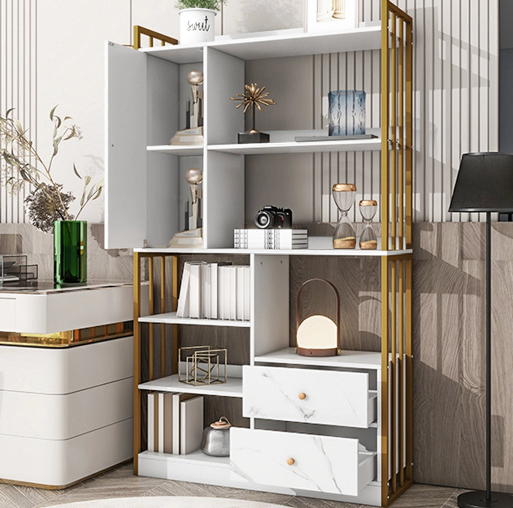 Libreria 100x30x173，5 cm in truciolato bianco e oro， 6 livelli
