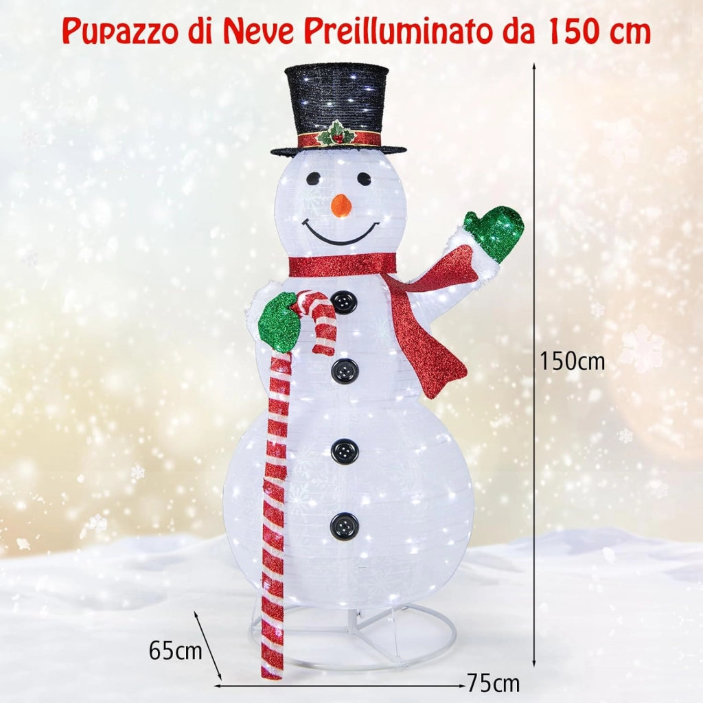 Pupazzo di Neve Luminoso da 150 cm, Decorazione Natalizia con 180 Luci LED, Cappello, Sciarpa, Decorazione Natalizia per Interni ed Esterni per Feste, Balcone, Giardino
