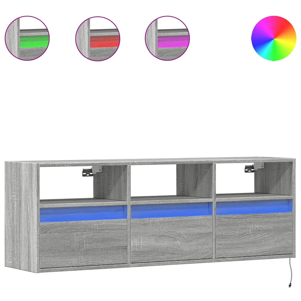 Mobile TV a Parete con Luci LED Grigio Sonoma 130x31x45 cm