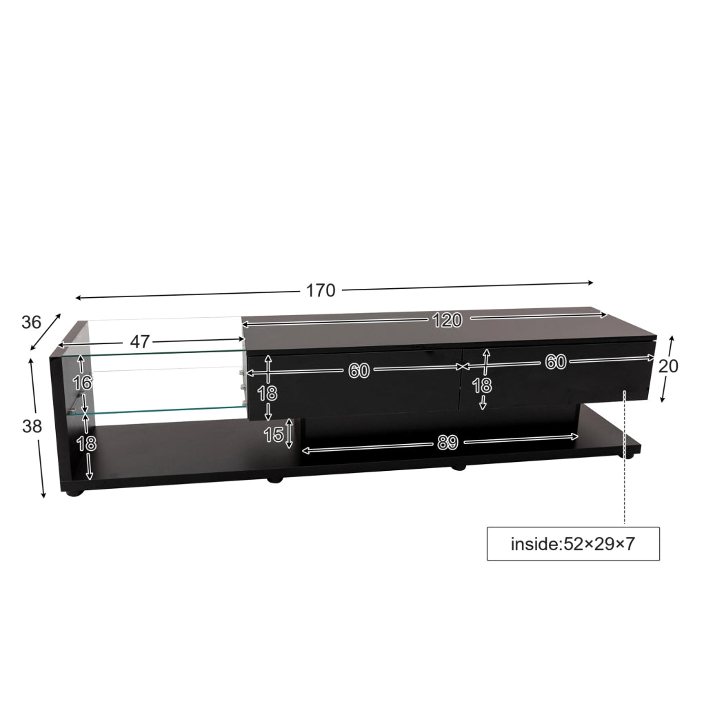 Mobile TV 170x36x38 cm; 2 cassetti e LED regolabile; truciolato; nero