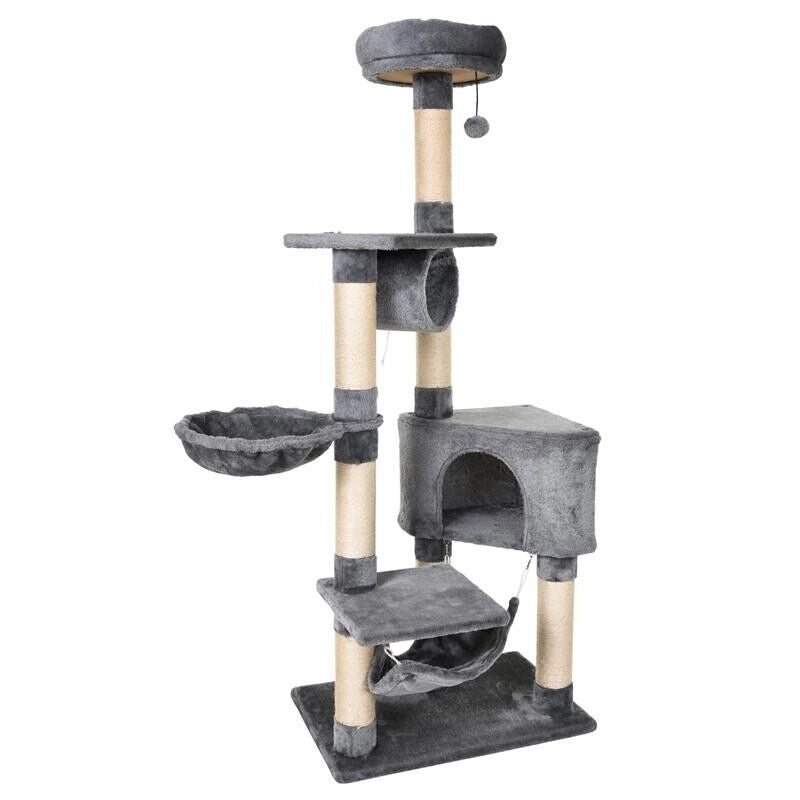 TIRAGRAFFI A COLONNA PER GATTI CON CUCCIA AMACA LETTINI SOSPESI E PALI IN CORDA SISAL GRIGIO 60X40X154CM