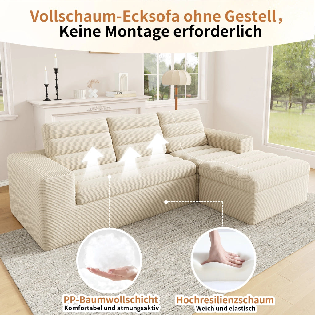 DIVANO Modulare angolare 253x161x89 cm tessuto a coste beige con pouf