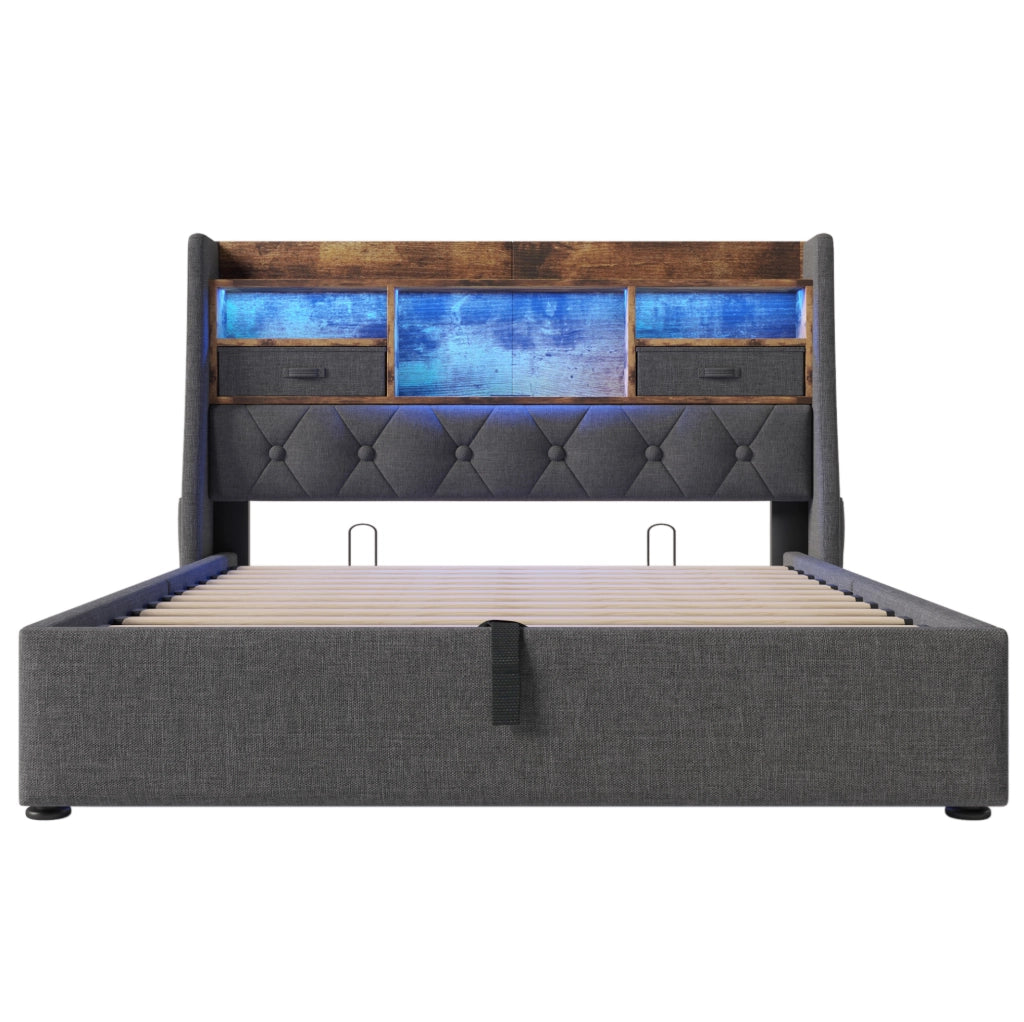 Letto matrimoniale 140x200 cm con contenitore; LED; prese USB e Type-C; lino grigio