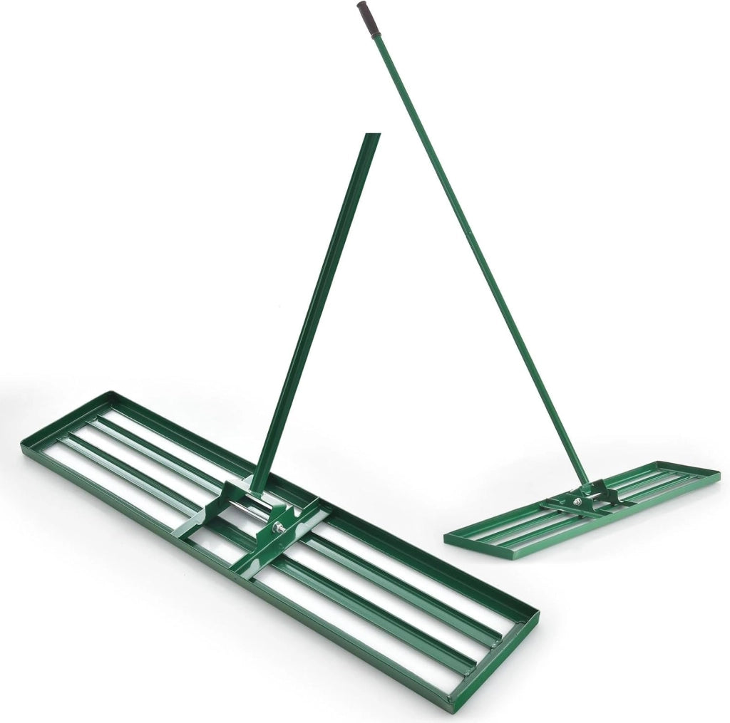 Rastrello Livellatore per Prato 170 cm, Raschietto Livellatore in Metallo Robusto con Manico Lungo e Spesso, Livellatrice per Terreno, Ghiaia, Orto ed Erbacce da Giardino (91 x 25 cm, Verde)