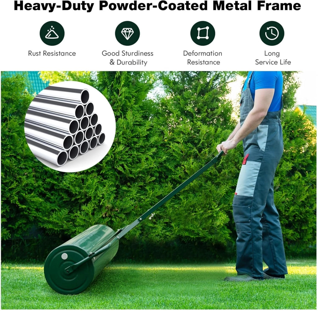 Rullo da Giardino Ø40 cm e 90 di Larghezza, Rullo da Prato in Metallo Manuale e per Trattorino, Rullo con Raschiatore Antisporco e Riempibile con Acqua/Sabbia (Verde, 113L)