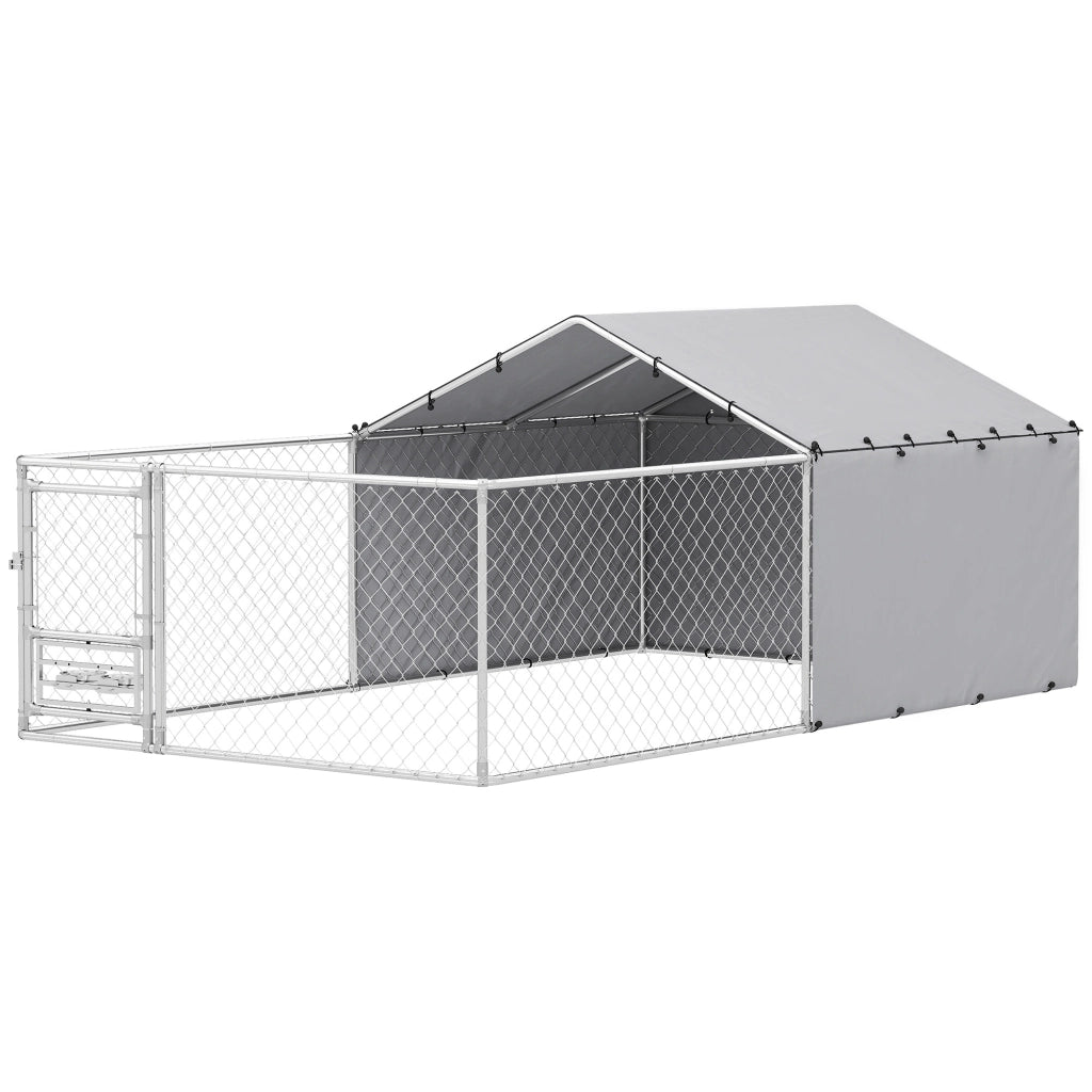 Recinto per Cani con Coperture e Ciotole Girevoli ¨C Minimal ¨C Acciaio, Tessuto Oxford, Argento, 4x2.3x1.5 m