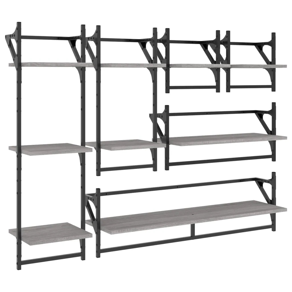 Set 6 pz Mensole Parete | Mensola sospesa con Aste Grigio Sonoma Legno Multistrato