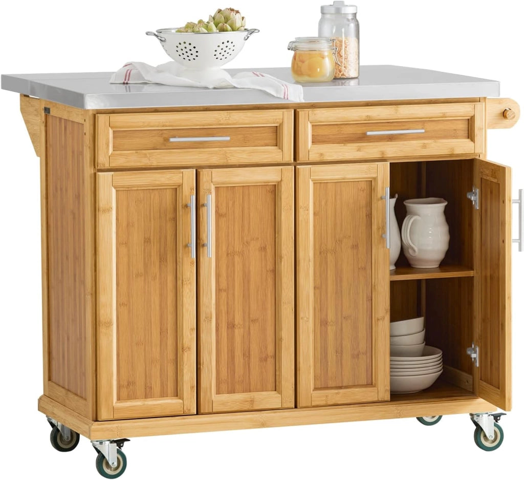 Carrello Cucina con Ruote Isola Cucina con Piano di Lavoro Estensibile, 2 Cassetti e Ripiani Regolabili Mobile Salvaspazio per Mobili da Cucina Naturale 115 x (46-71) x 92 cm FKW69-N