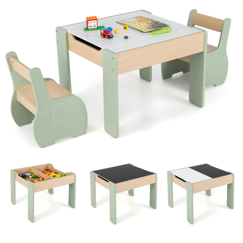Set di tavolo e sedie per bambini con deposito lavagna rimovibile-Set di mobili 3 PCS per ragazzi e ragazze Verde