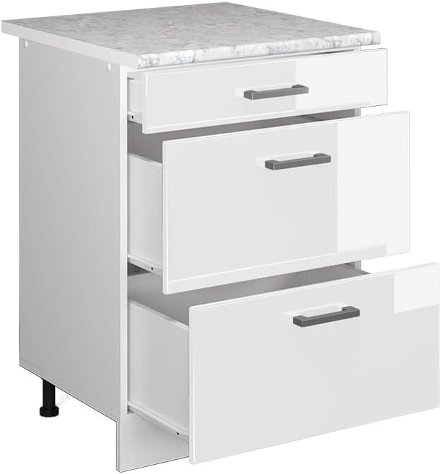 Mobiletto base per cucina R-Line, Bianco lucido, 60 cm con cassetti PL Marmo, per la libera combinazione all'interno di sistemi cucina modulari